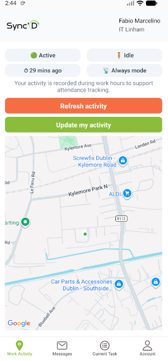 Work Activity screen